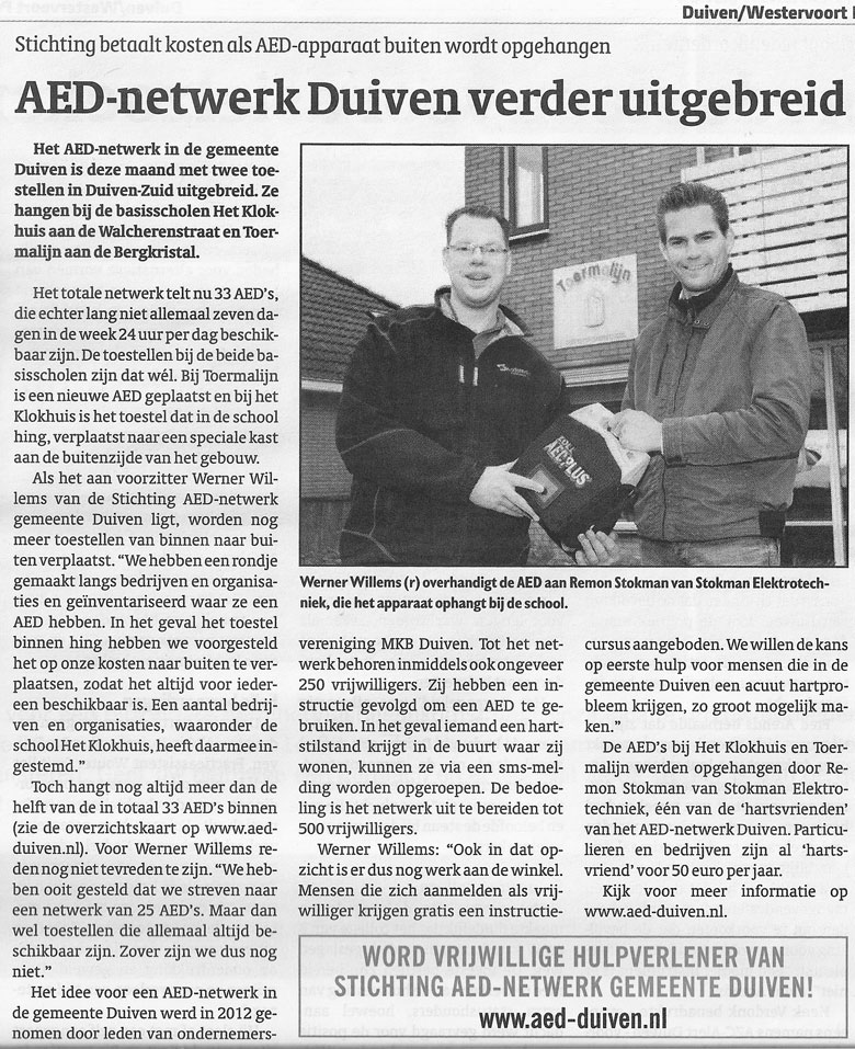 Artikel Duivenpost: AED-netwerk Duiven verder uitgebreid